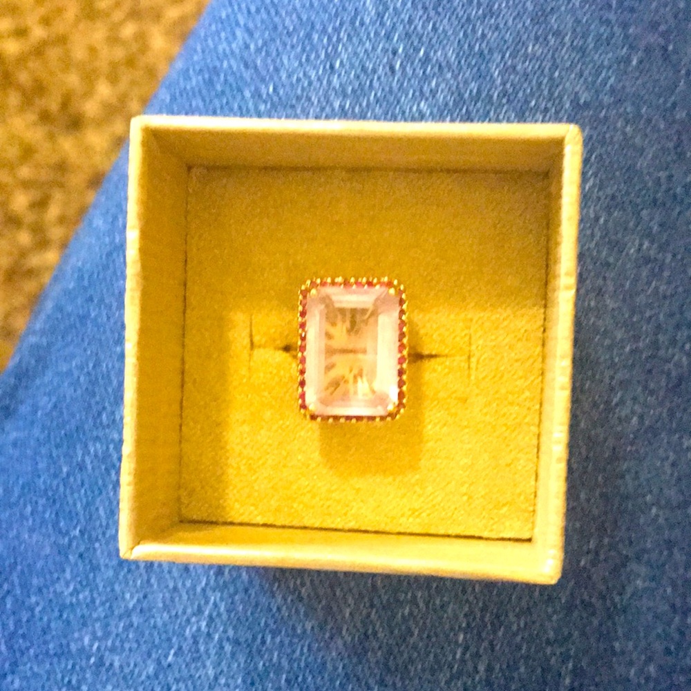 14 K yellow gold rose quartz with pave rubies